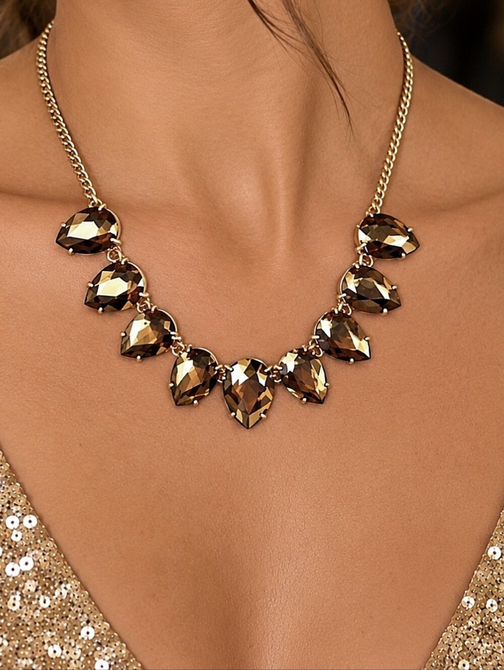 J. Crew Brand Signed 9 Teardrop Faceted Gold Flash Coating Statement Necklace